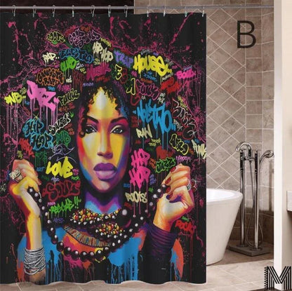 Colorful African girl portrait with graffiti art and modern buildings on a shower curtain