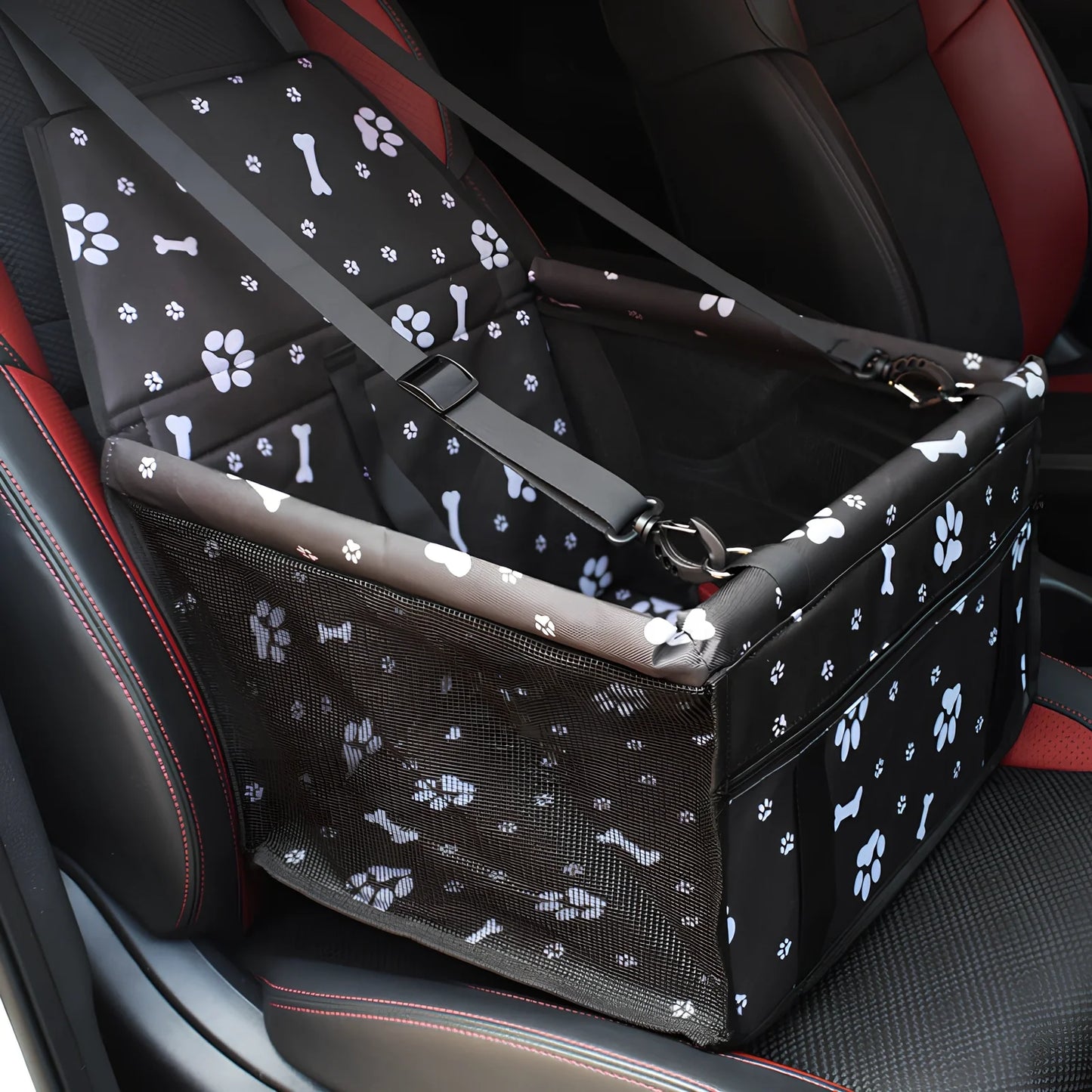 Waterproof pet car mat with headrest straps installed in vehicle, showing storage compartment and dimensions 400x300mm