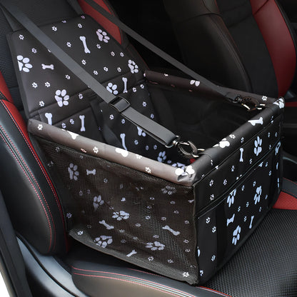 Waterproof pet car mat with headrest straps installed in vehicle, showing storage compartment and dimensions 400x300mm