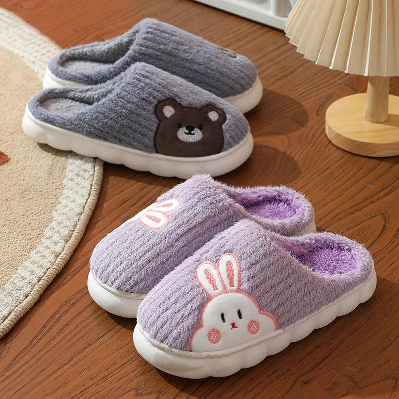 Cute rabbit striped slippers for women, thick PVC sole, plush upper, warm indoor non-slip home footwear