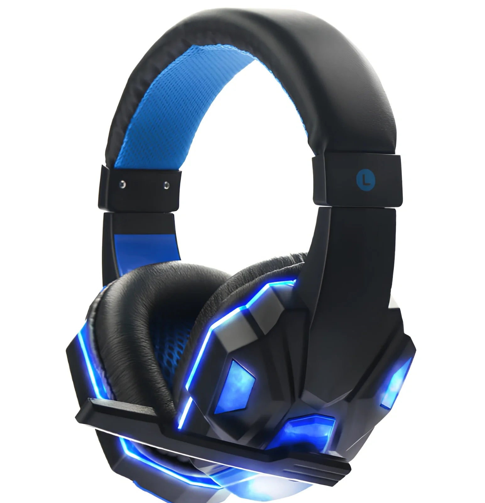 Black gaming headphones with adjustable microphone and braided cable showing 3.5mm plug