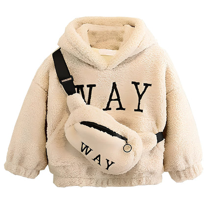 Children's cashmere fleece jacket with detachable cartoon hat in beige, green, or orange