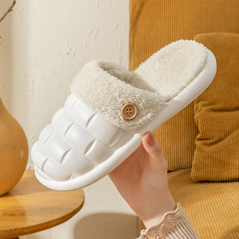 Plaid detachable EVA slippers with non-slip soles and plush lining in pink, green, yellow, white, grey, and black.