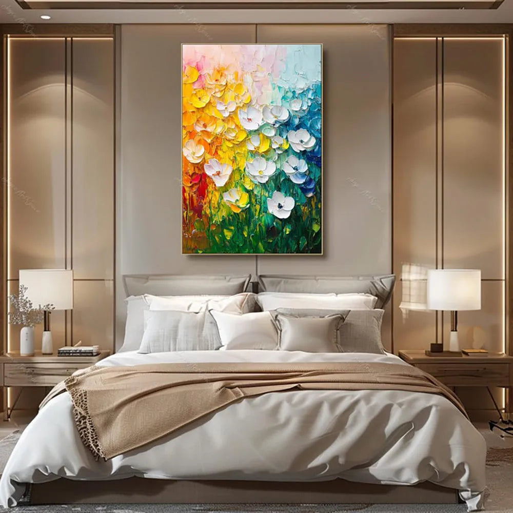 Handmade oil painting canvas wall art with thick oil 3D texture flowers modern abstract frameless rolled