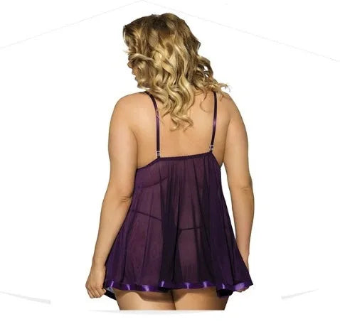 Women's purple lace and mesh sleeveless sleepdress lingerie on a hanger.
