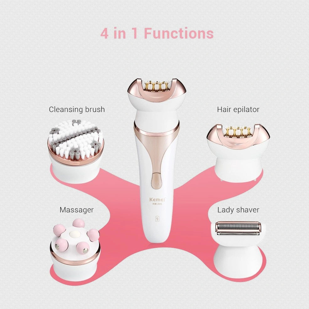 Black 4-in-1 rechargeable electric shaver epilator with four interchangeable heads for hair removal and facial care