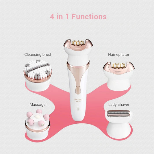 Black 4-in-1 rechargeable electric shaver epilator with four interchangeable heads for hair removal and facial care