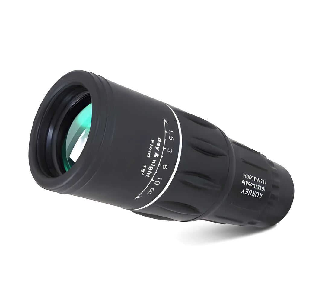 Black 16x52 monocular with large objective lens, shown with focus wheel and BAK4 roof prism optical design.