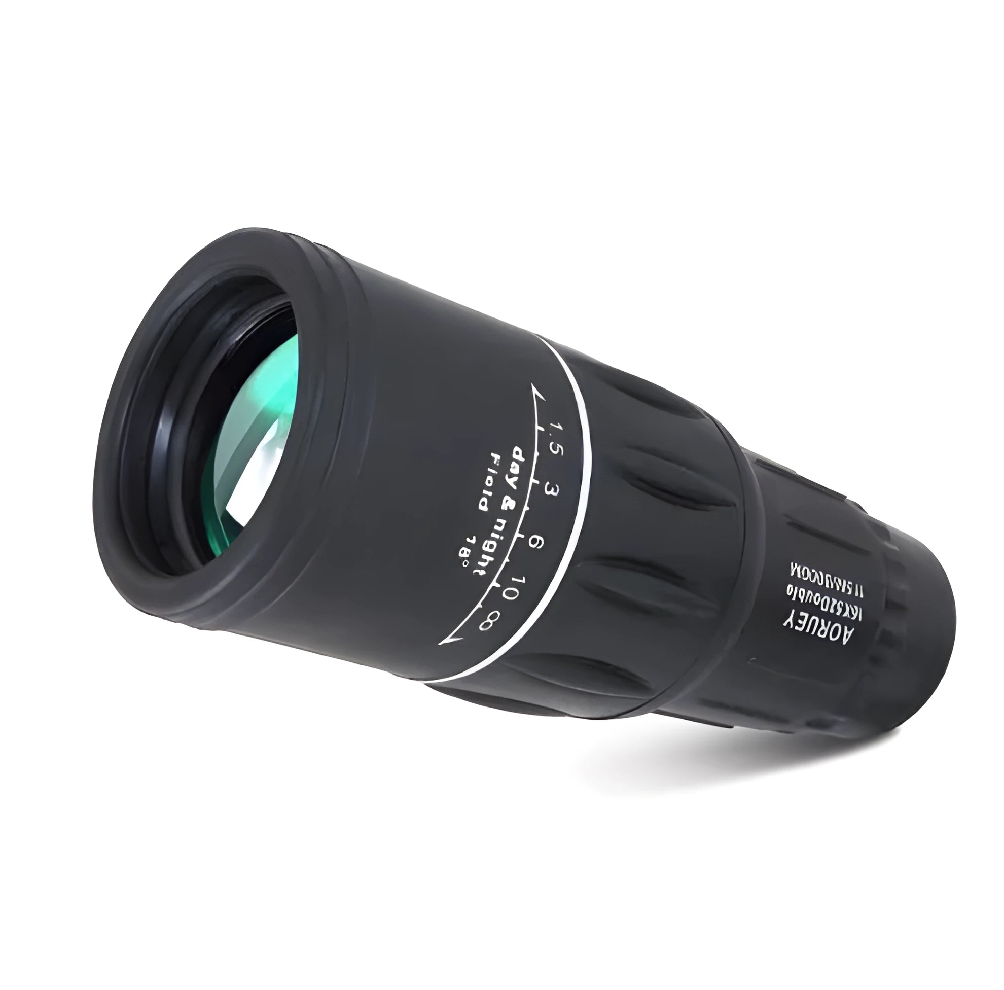 Black 16x52 monocular with large objective lens, shown with focus wheel and BAK4 roof prism optical design.