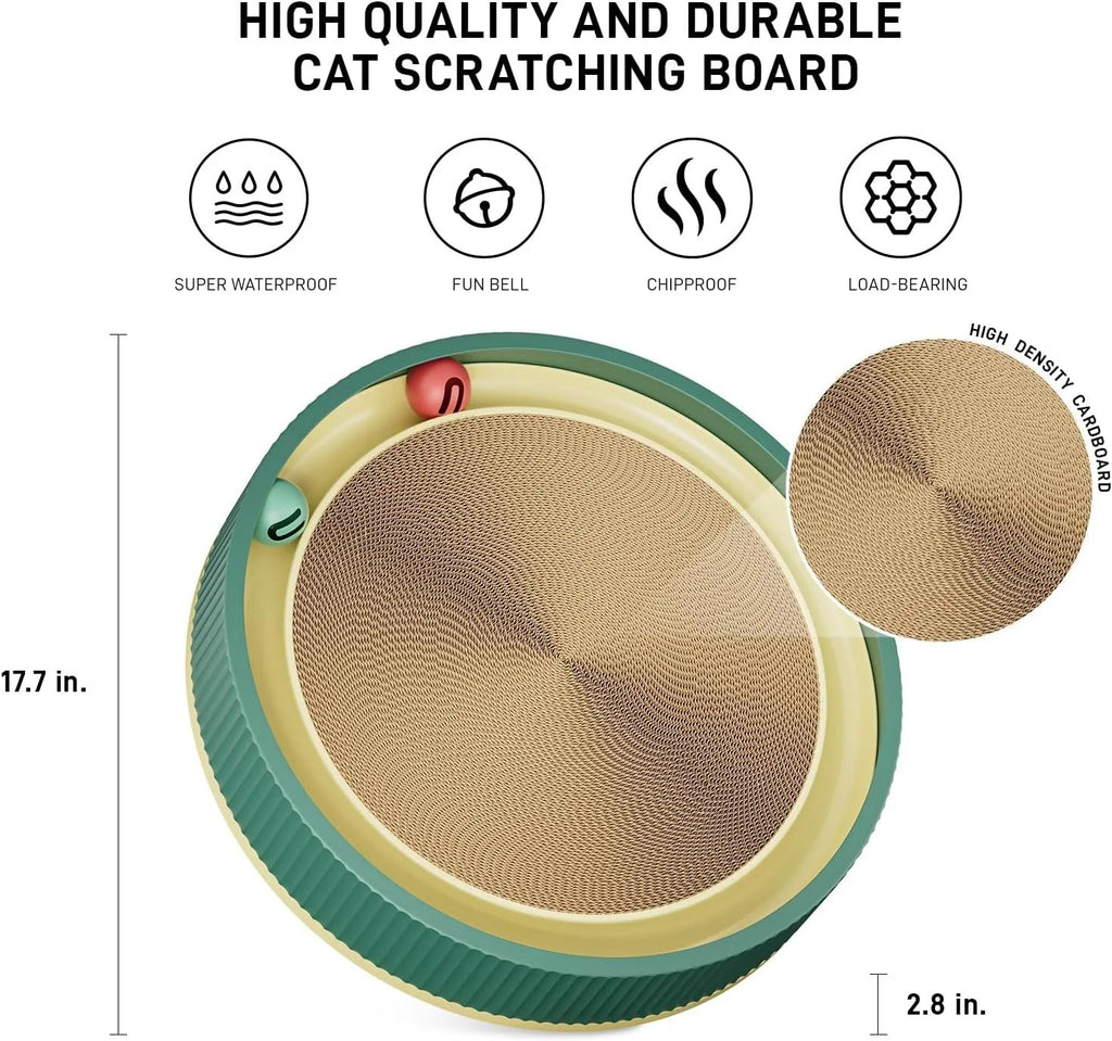 Green and white cat scratching board with bell balls and replaceable cardboard core for furniture protection