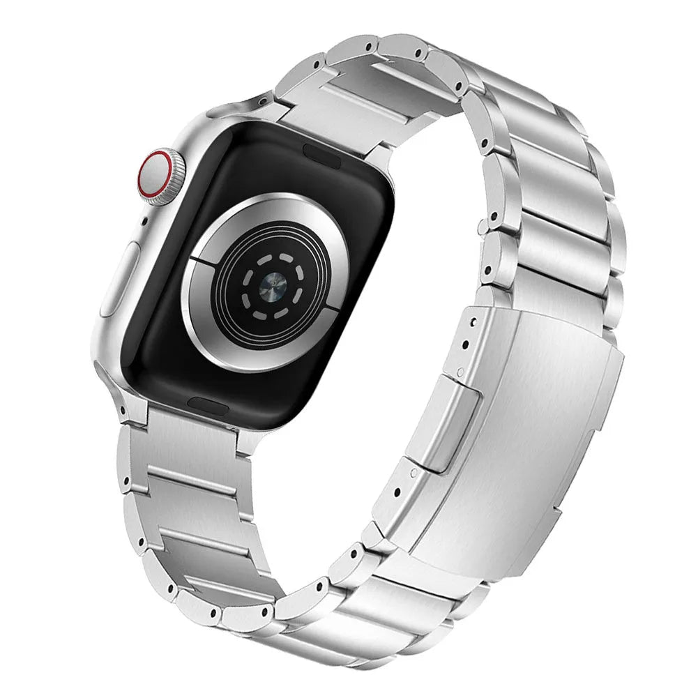 Titanium alloy Apple Watch strap with folding buckle in black and silver colours