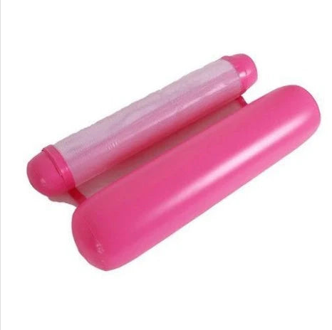 Inflatable water lounge chair in blue, floating in pool with hammock design visible