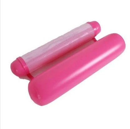 Inflatable water lounge chair in blue, floating in pool with hammock design visible