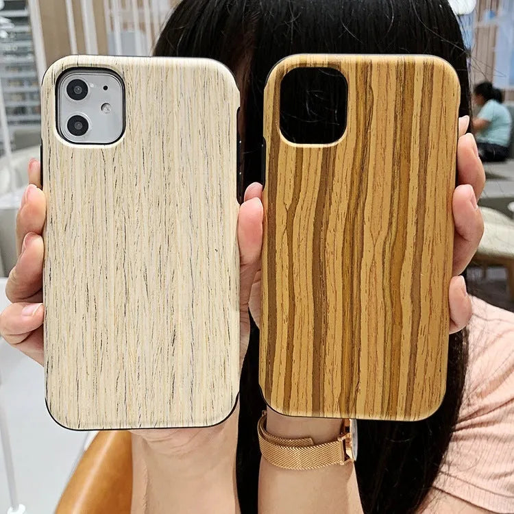 Slim wooden iPhone back cover case in a natural rosewood woodgrain finish.