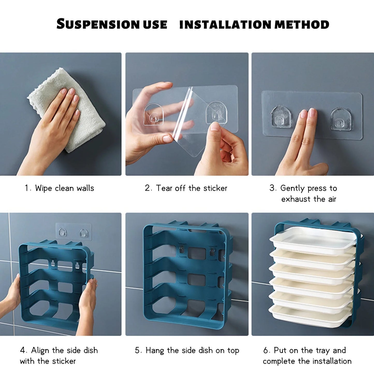 Wall-mounted kitchen side tray with six layers for efficient storage in blue, white, and coffee colour options