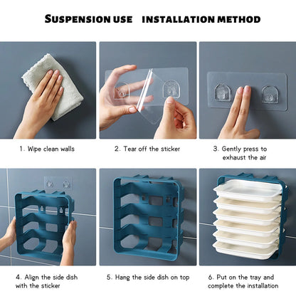 Wall-mounted kitchen side tray with six layers for efficient storage in blue, white, and coffee colour options