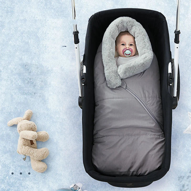 Winter windproof baby sleeping bag in grey, black, denim blue, and red options