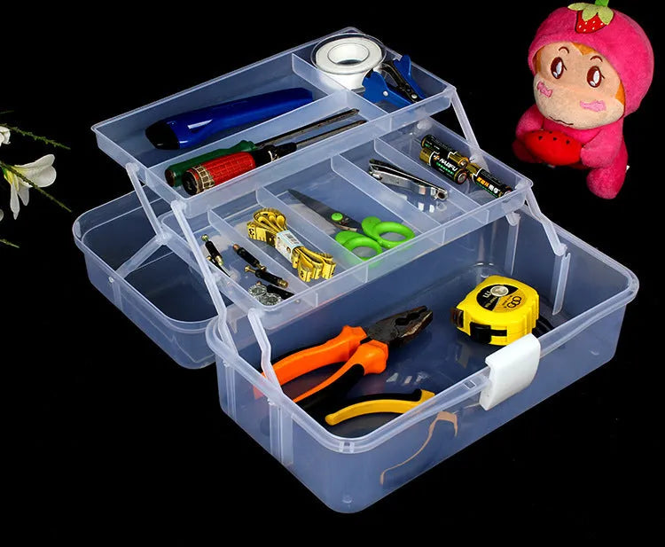 Large 2-layer transparent PP plastic storage box with foldable design, containing medicines and cosmetics