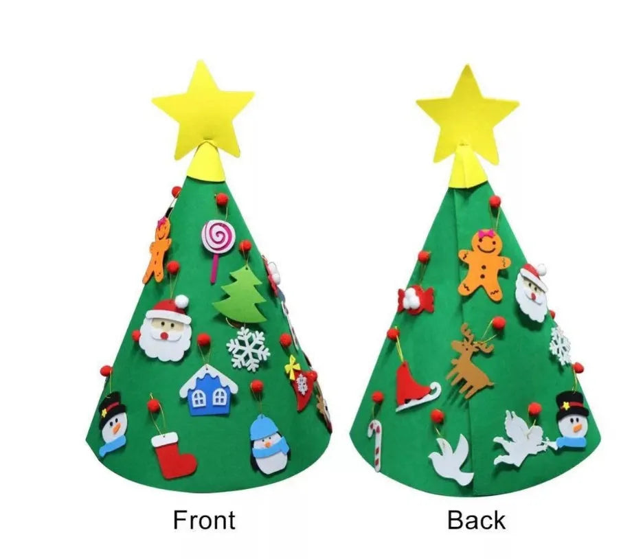 Felt Christmas tree three-dimensional DIY puzzle kit with cone base and felt balls on a surface