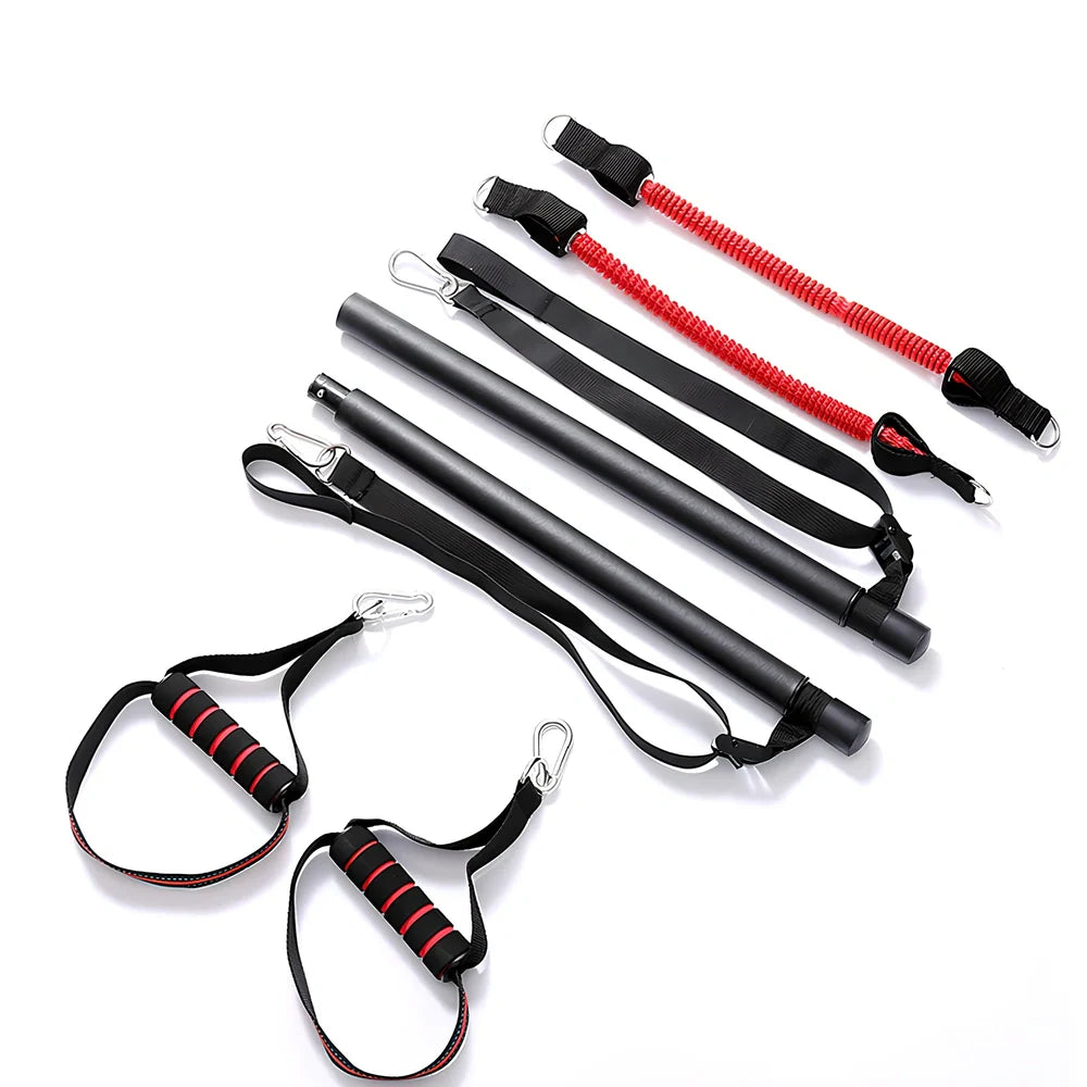 Body workout trainer bar with 100cm pole, adjustable emulsion resistance bands and rubber buckles for home strength exercises