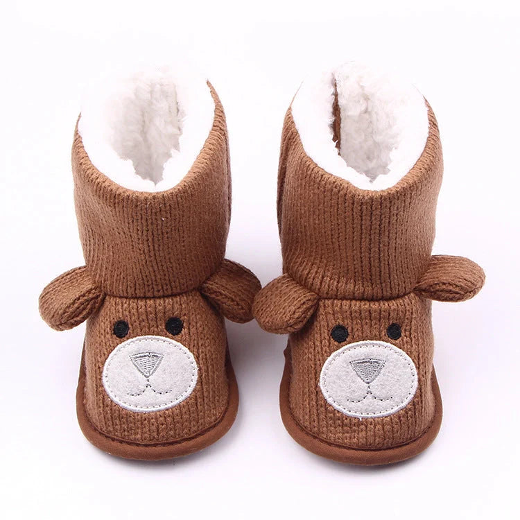 Bear knitting baby shoes in coffee and grey, sizes 11-13cm