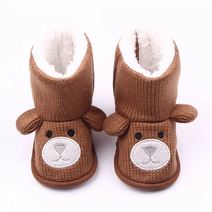 Bear knitting baby shoes in coffee and grey, sizes 11-13cm