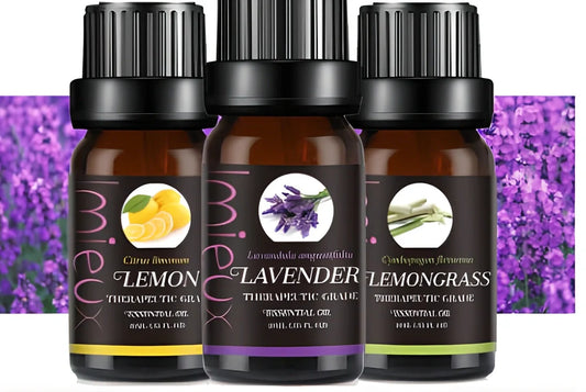 10ml dark glass bottle of therapeutic essential oil blend with lavender, citrus, and mint oils