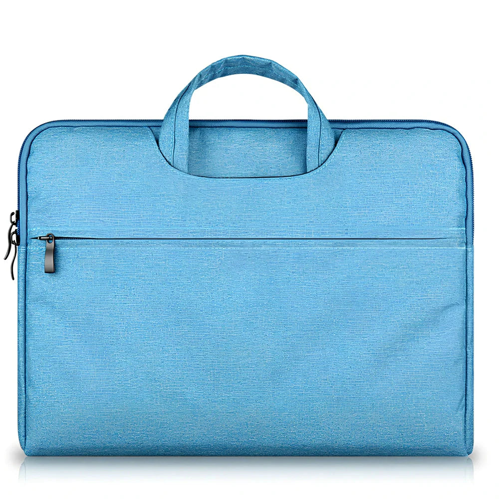 Grey laptop sleeve for MacBook with ant cloth exterior and soft handle, showing internal plush lining