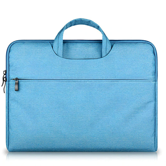 Grey laptop sleeve for MacBook with ant cloth exterior and soft handle, showing internal plush lining