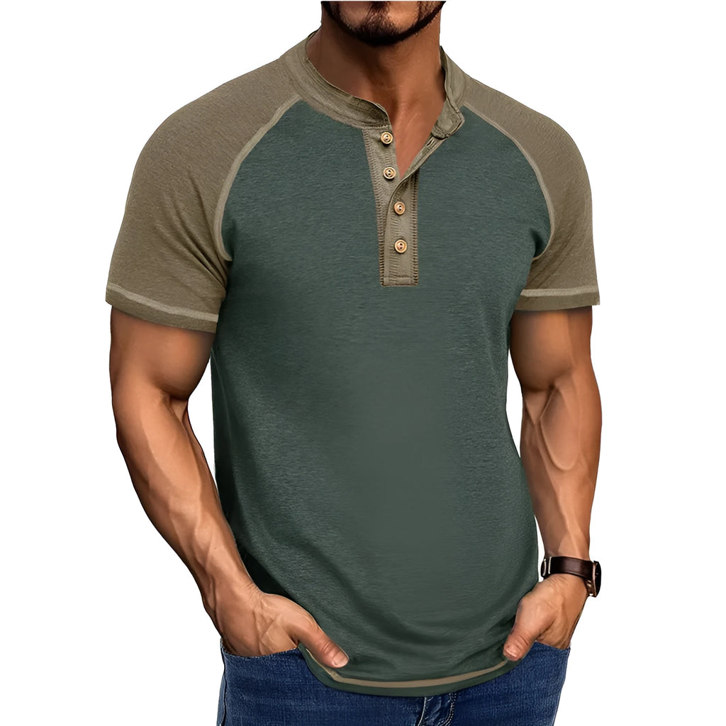 Men's thin cotton blend short sleeve pullover with colour block design and raglan sleeves.