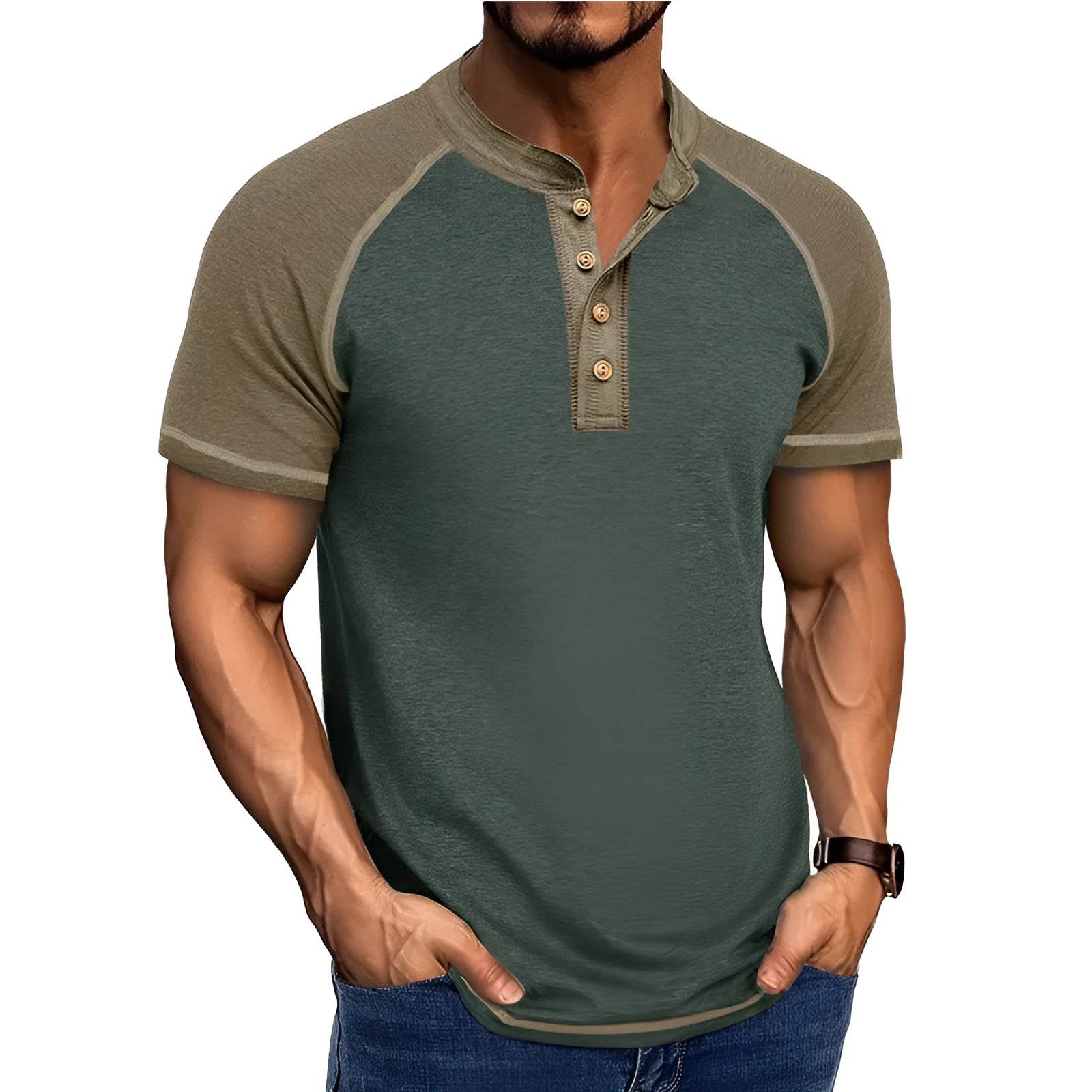 Men's thin cotton blend short sleeve pullover with colour block design and raglan sleeves.