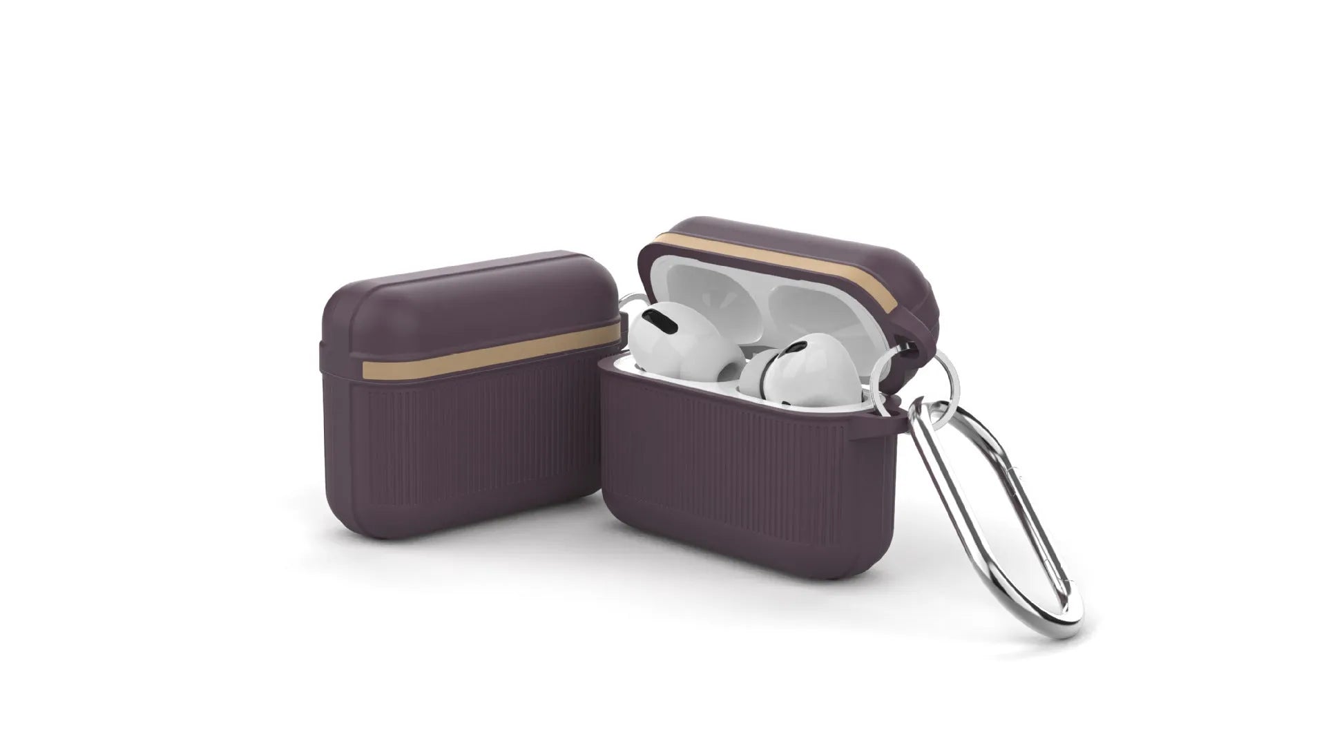 Beige silicone clamshell case for Apple AirPods with a metal buckle fastened.