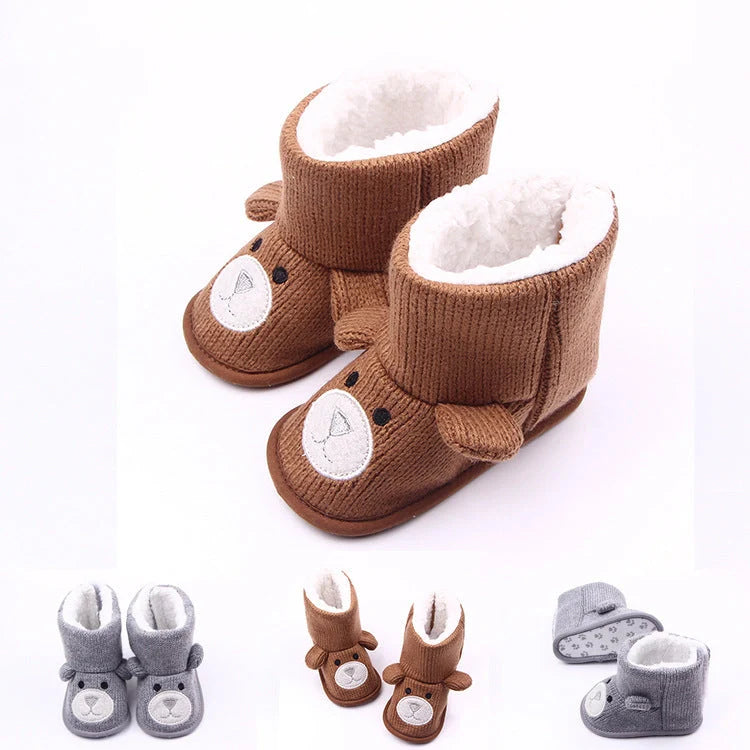 Bear knitting baby shoes in coffee and grey, sizes 11-13cm