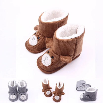 Bear knitting baby shoes in coffee and grey, sizes 11-13cm