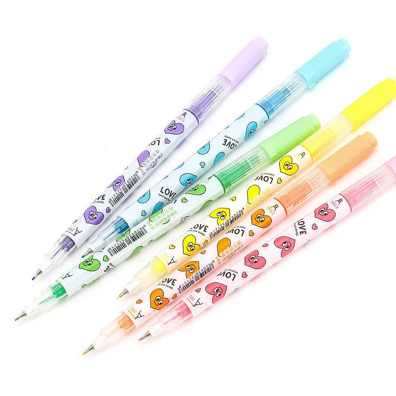 Set of six double-headed watercolour highlighter pens showing pink, orange, yellow, green, blue, and purple colours.