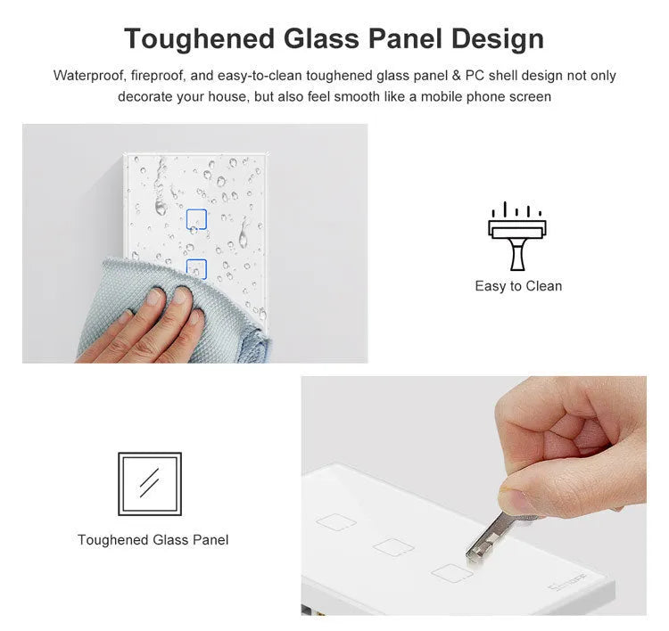 Smart wall switch with tempered glass touch panel, 120mm mounting hole spacing, white finish