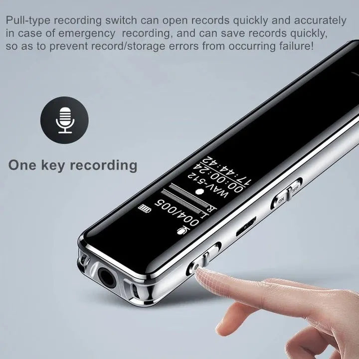 Black Q22 high definition noise reduction professional recording pen with LCD screen on white background