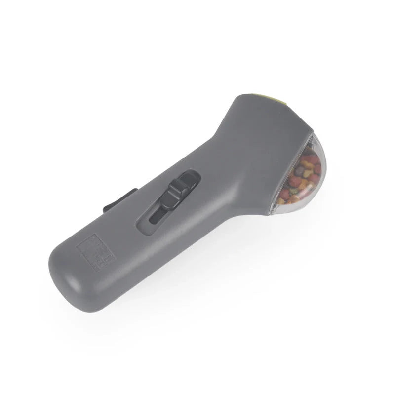 Dog Training Snack Launcher in grey, dimensions 18cm x 7.5cm x 3.5cm