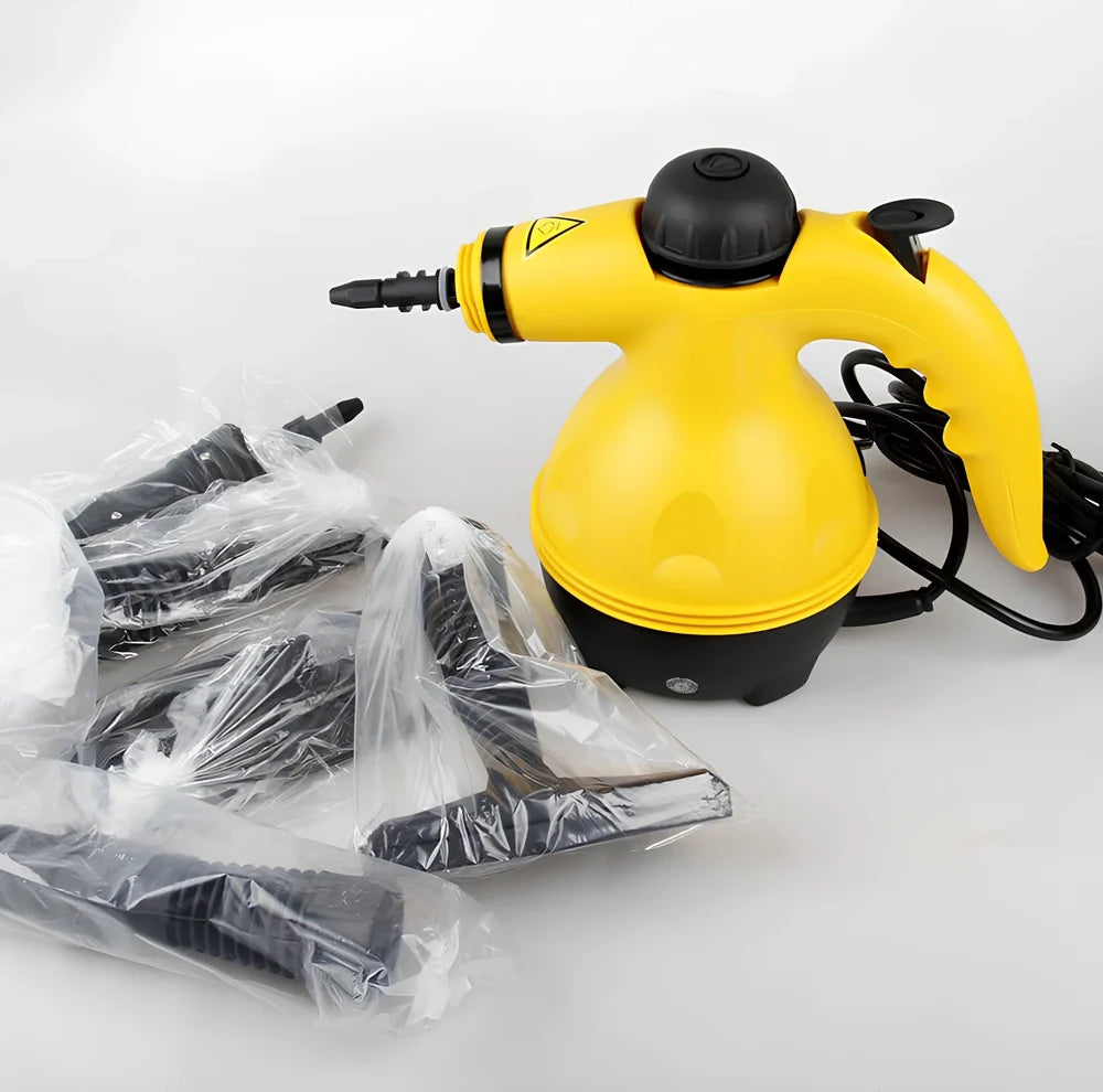 Yellow handheld steam cleaner with 450ml tank, 26 x 21cm size, 1882g weight for home sanitising