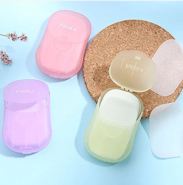 Compact disposable travel soap sheets in a durable PP5 container, perfect for on-the-go hygiene