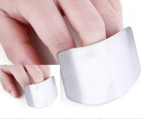 Stainless steel finger guard for safe vegetable cutting, available in single and double finger sizes