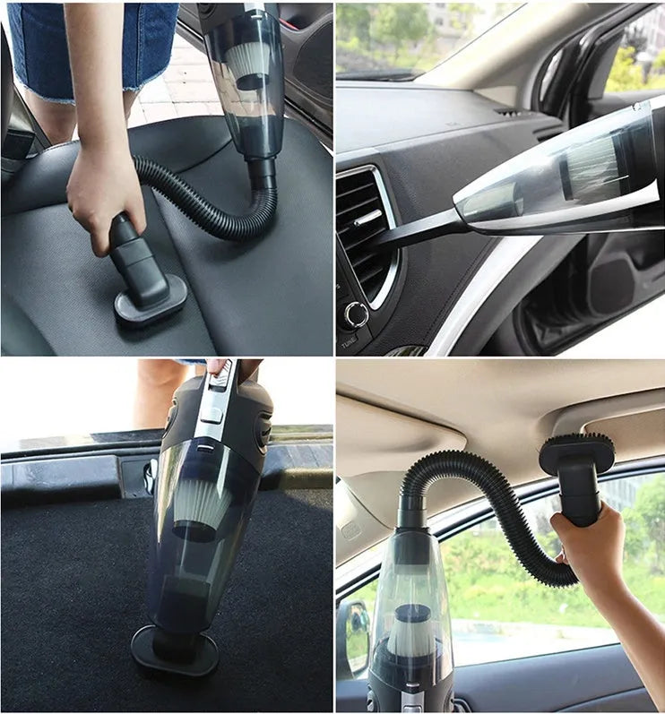 Black cordless handheld car vacuum cleaner with attachments on a grey surface