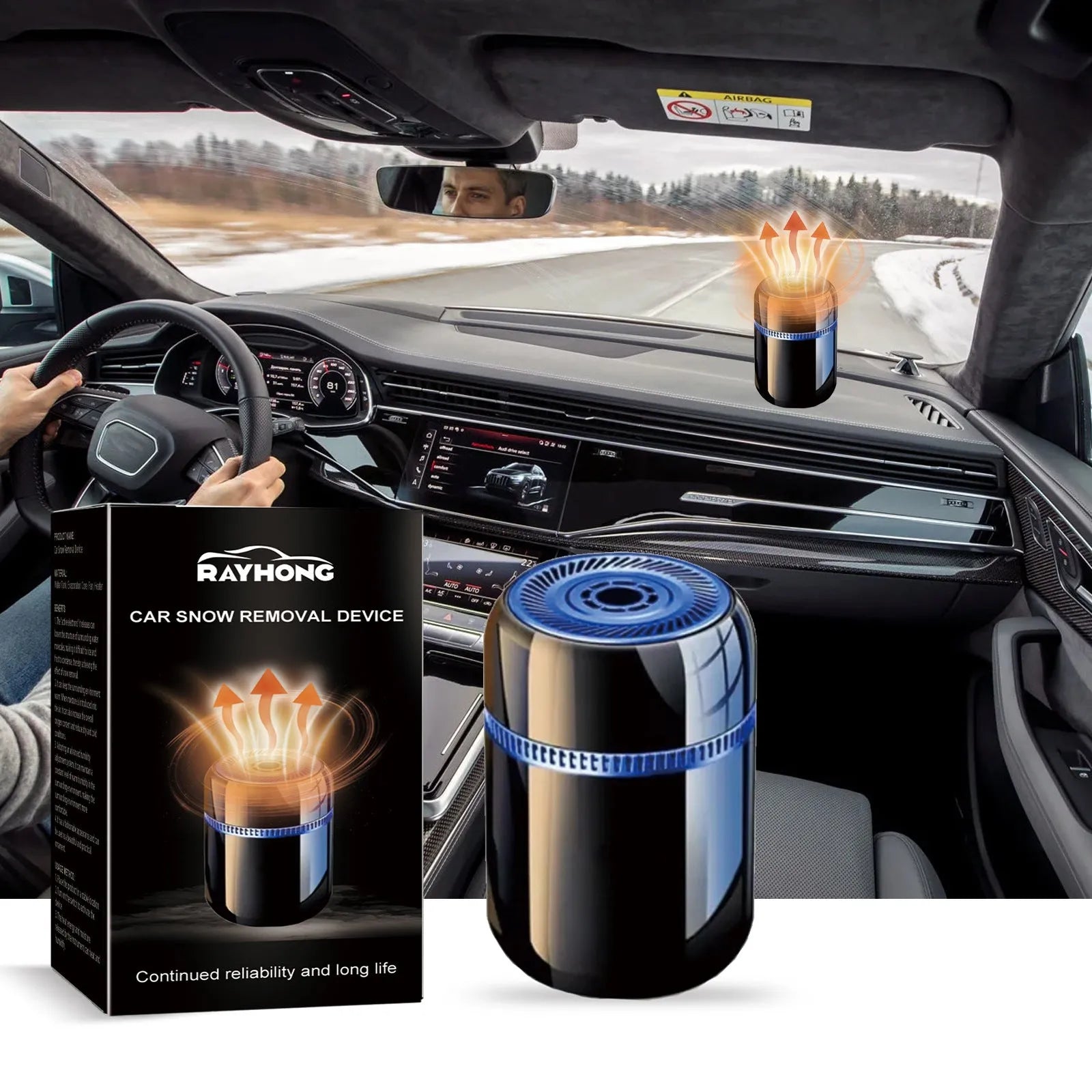 Compact portable electric car windscreen de-icing tool on a stable surface.