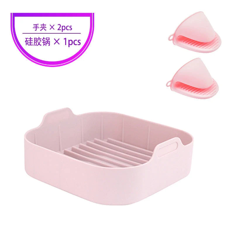 Reusable silicone air fryer liner in various colours, heat resistant up to 450°F