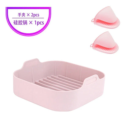 Reusable silicone air fryer liner in various colours, heat resistant up to 450°F