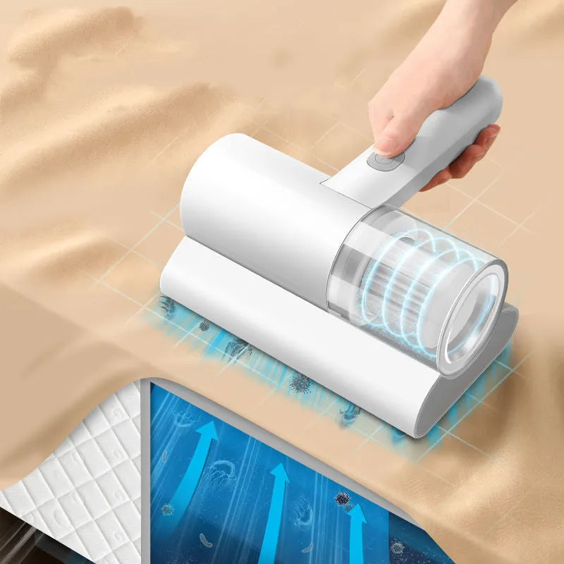 White wireless mite removal instrument with UV sterilization and 300W motor on a bed