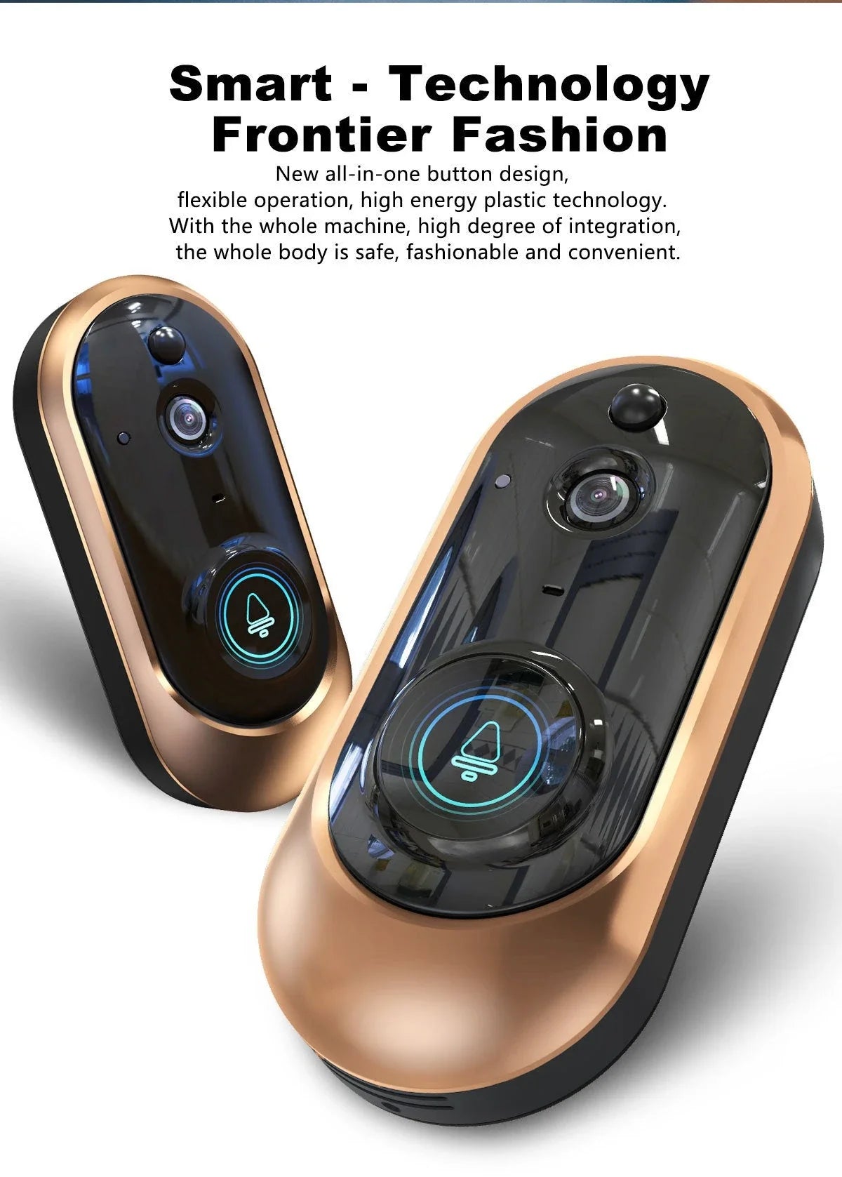 Low-power smart doorbell in gold, featuring wireless design and dual power options