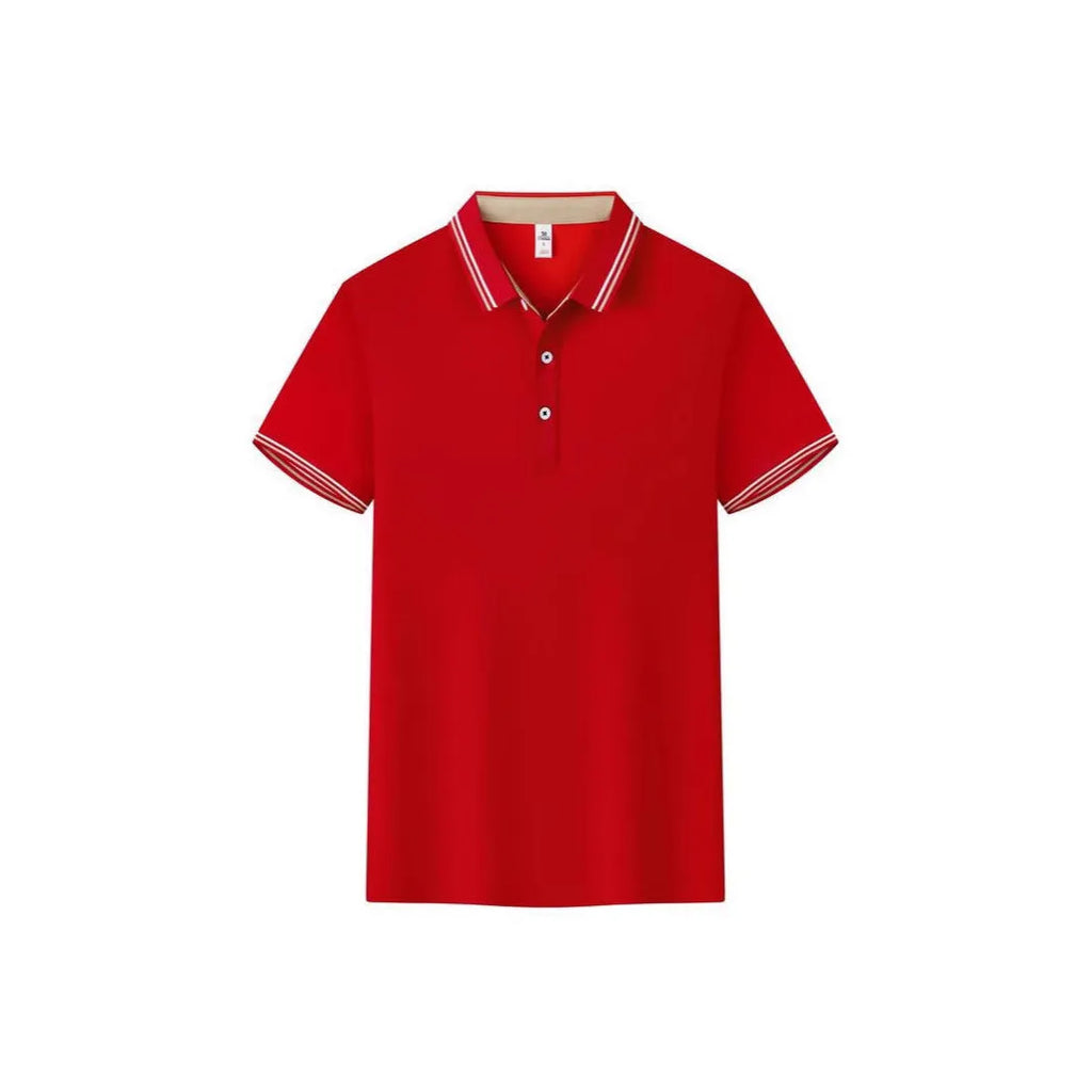 Men's slim fit cotton blend polo shirt on a hanger, showing collar and short sleeves.