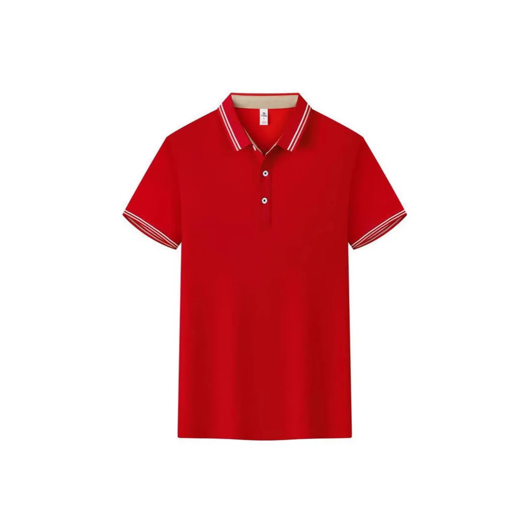 Men's slim fit cotton blend polo shirt on a hanger, showing collar and short sleeves.