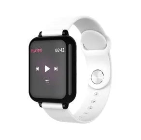 B57 colour screen smart sports watch compatible with Apple iPhone, showing heart rate display on 1.3 inch IPS screen, black strap